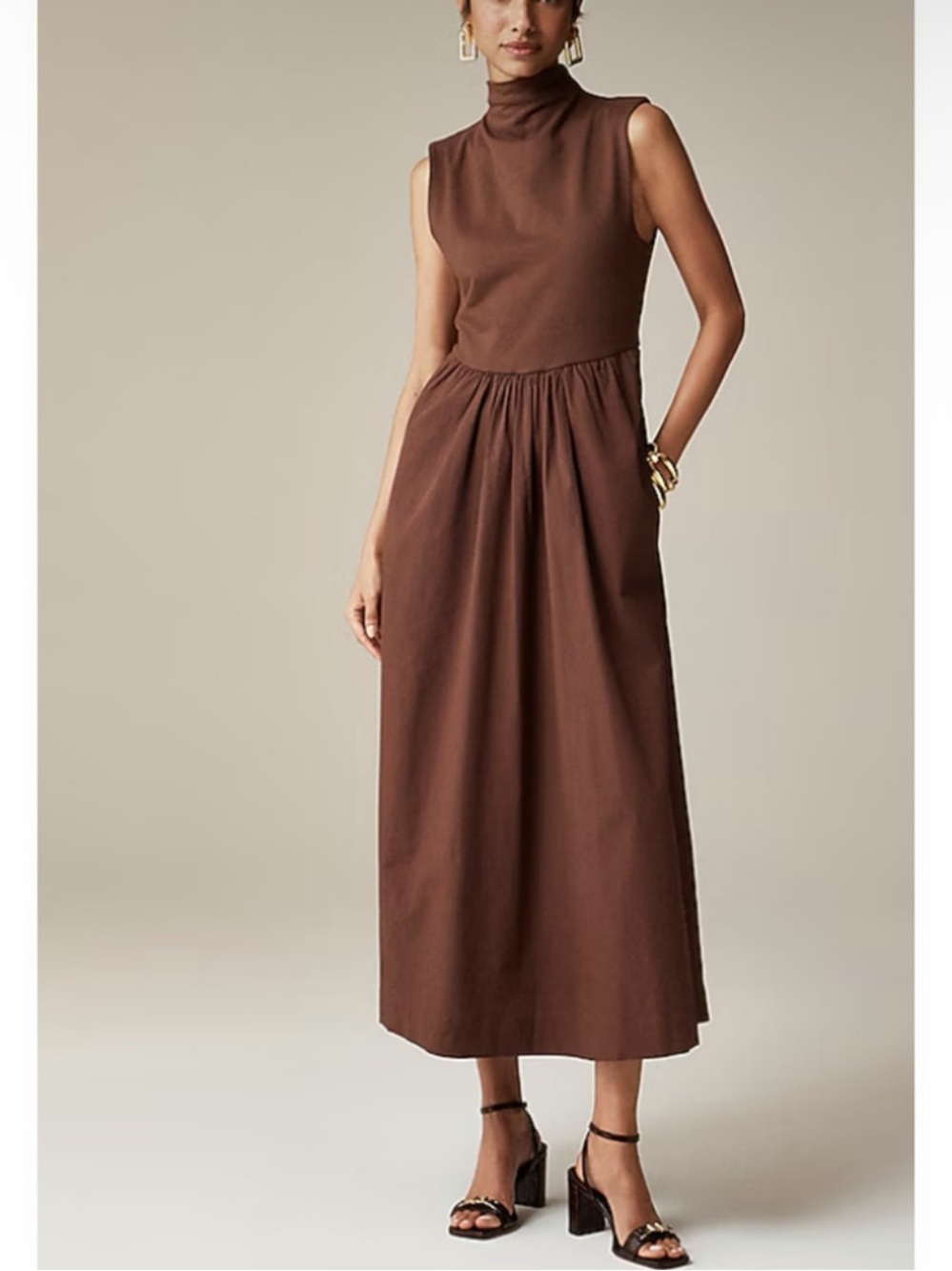 J. Crew Mock Neck Sleeveless Poplin Fit & Flare Dress Brown